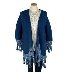 Calypso St Barth Blue Alpaca Blend Open Front Tassel Kimono Cardigan Women S/M